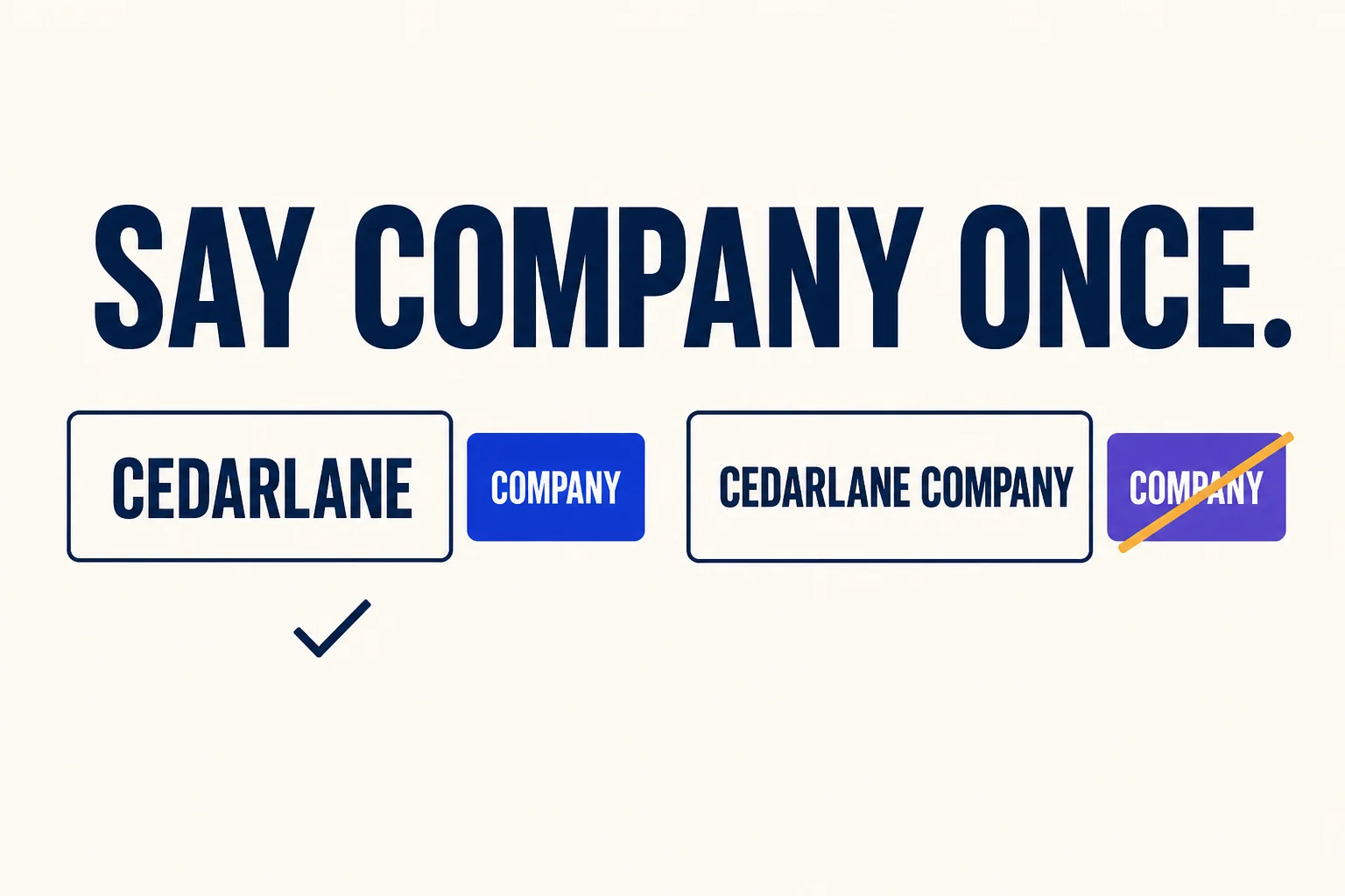A concise company address compared with a repetitive company domain