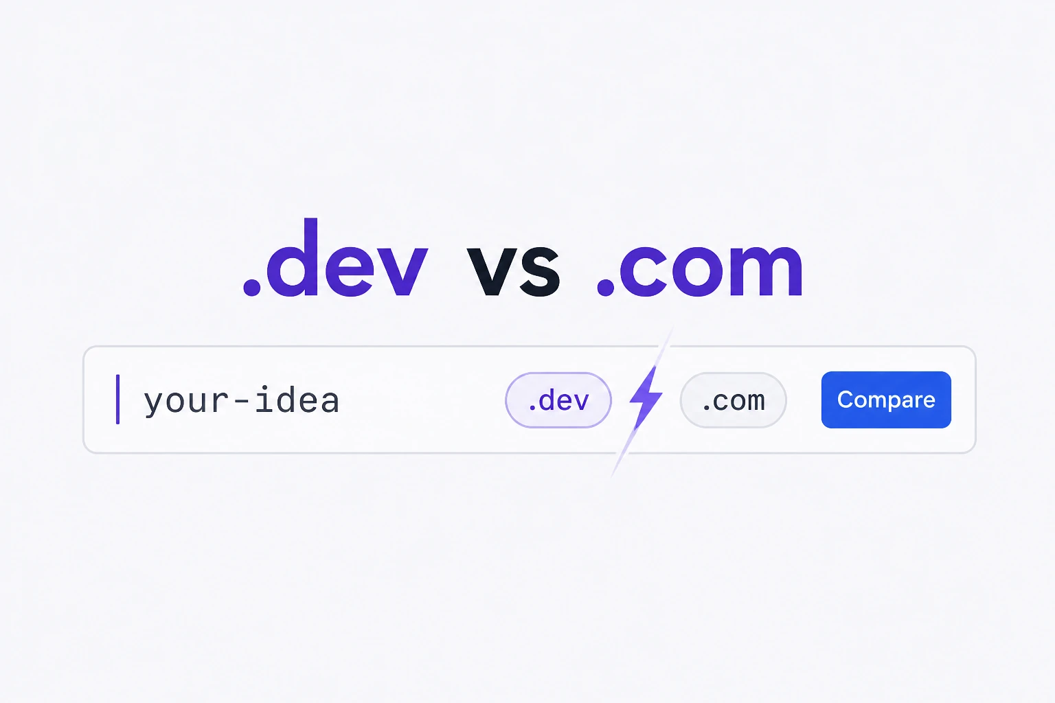 Minimal FlashDomains search field comparing .dev and .com extension pills