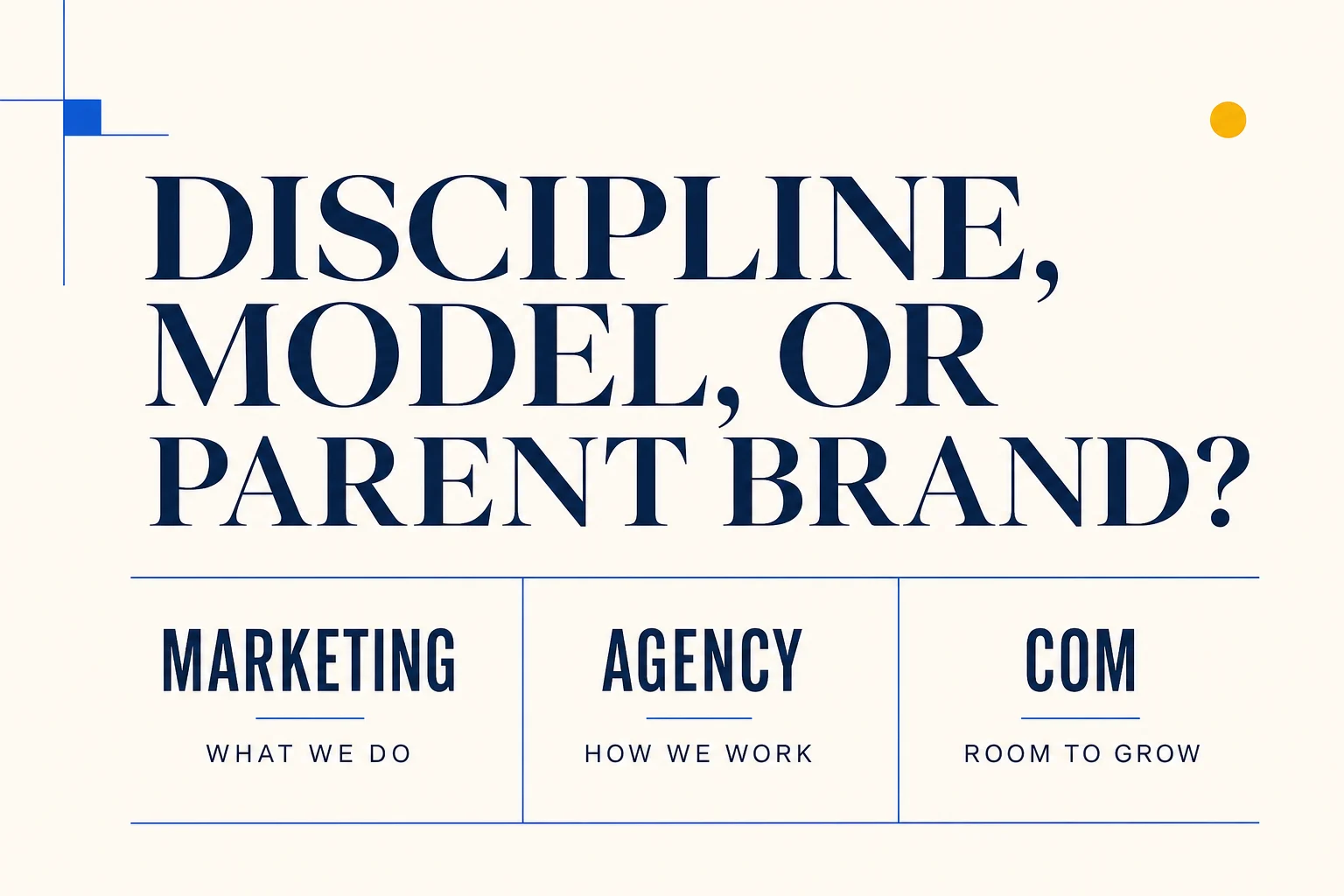 Marketing discipline, agency model, and broad company identity compared as three naming choices